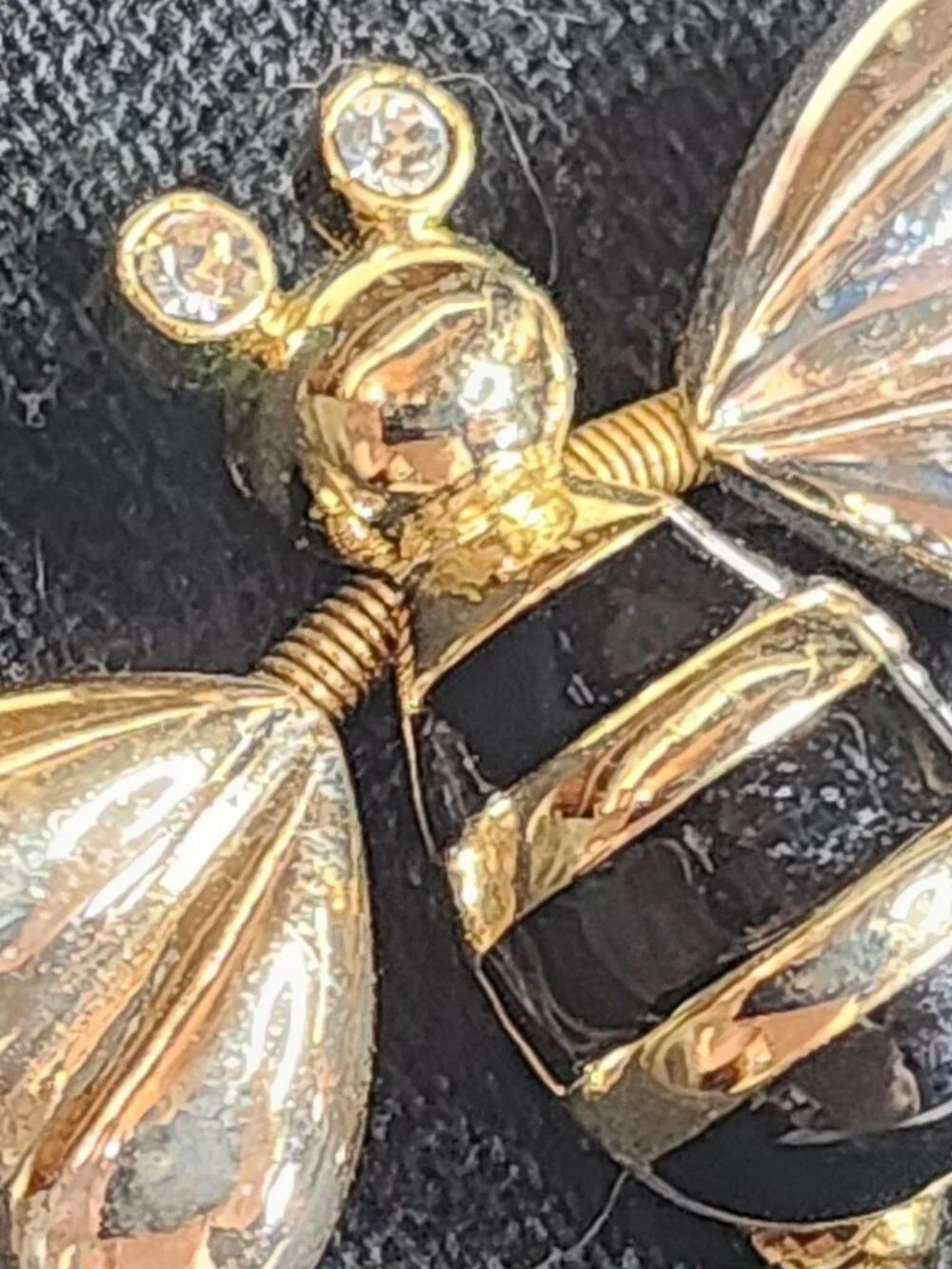 Mixed Metal Vintage Black Enamel Trembler Heart Winged w/Rhinestone Eyes Bee Pin